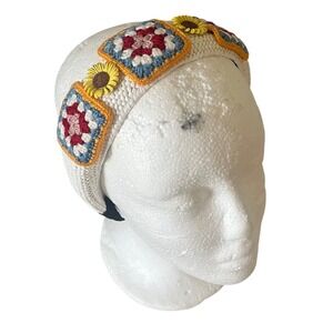 Women's Boho Crochet Granny Square Sunflower Woven Headband White Multi Festival